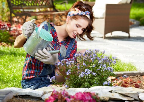 A woman in casual gardening attire, including a plaid shirt, gardening gloves, and a headband, is kneeling on a garden lawn surrounded by flower beds. She is watering a purple flowering shrub with a light blue metal watering can, and appears to be tending to the plants. Behind her, there is a paved patio area with outdoor furniture, a wooden garden fence, and well-maintained greenery, including lush grass, hedges, and other plants. The scene is set outdoors in a private garden, with natural sunlight illuminating the vibrant colours of the flowers and foliage. This image depicts typical garden maintenance activities, relevant to landscaping services such as decking repairs or planting, and highlights the outdoor environment of a suburban property near Wimbledon, with a focus on healthy, well-kept garden features.